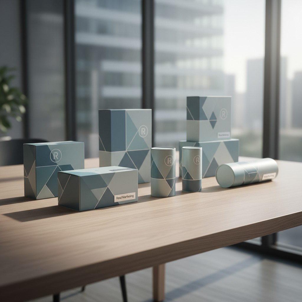 standing desk in grey-blue product shaded paper mockup. a stacked wood receptions desk. Can see beyond the glass exterior ...