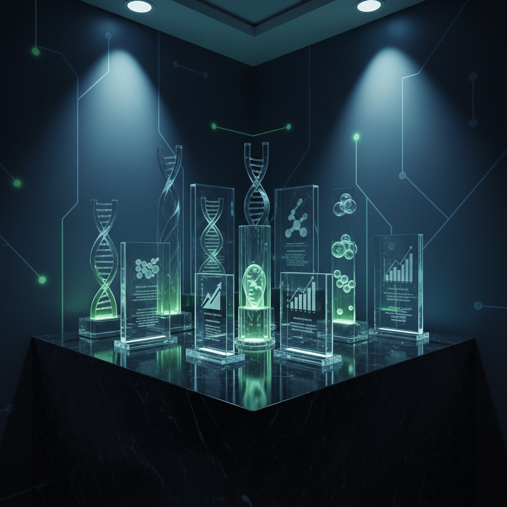 A collection of glass or crystal display stands, each featuring unique symbols, such as DNA helices, graphs, bar charts, c...